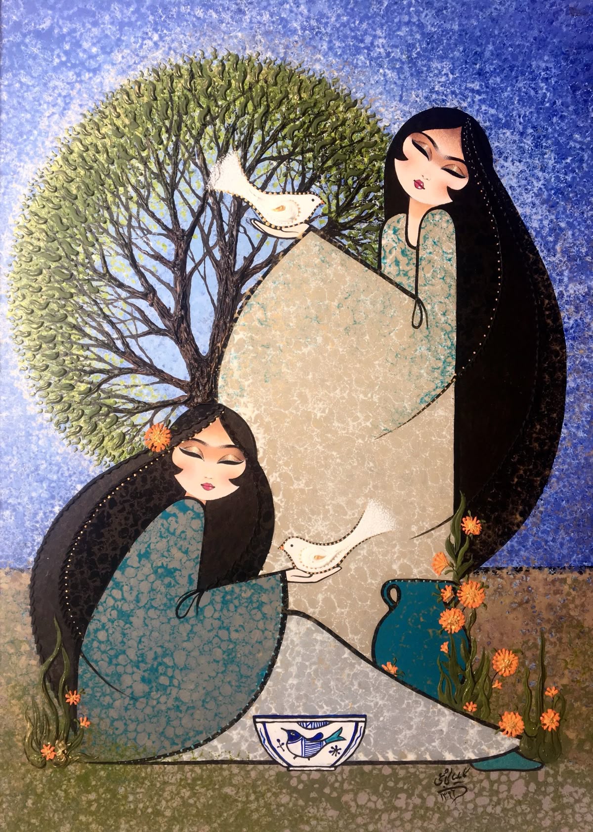 Schilderij van twee jonge vrouwen met donker lang haar en gesloten ogen die allebei een witte vogel vasthouden.