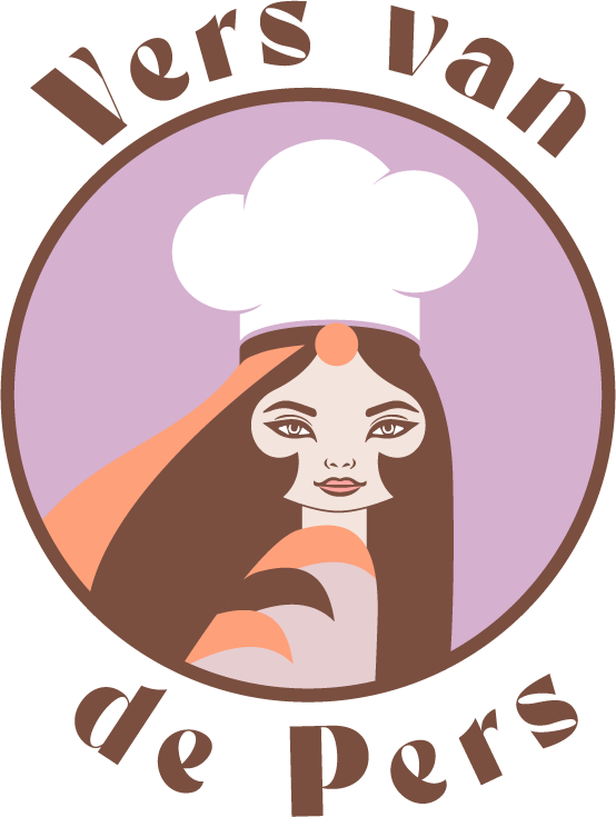 Logo van het merk Vers van de Pers Food met illustratie van een Perzische vrouw met koksmuts